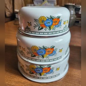 Vintage Floral Bowls Enameled Metal Nesting Set of 3